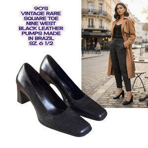90'S RARE SQUARE TOE BLACK LEATHER NINE WEST PUMPS HEELS SZ. 6.5 MADE IN BRAZIL